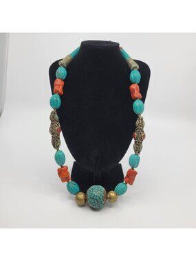 Genuine Turquoise & Coral Necklace 22.5" Tibetan Artisan Mosaic OOAK Handcrafted